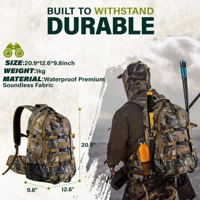Alt view image 5 of 7 - Hunting Backpack,35L Camo Daypack for Deer Bowhunting | Waterproof,600D Fabric,Hunting Gear,Rain Cover,Large CapacityHunting Day Pack