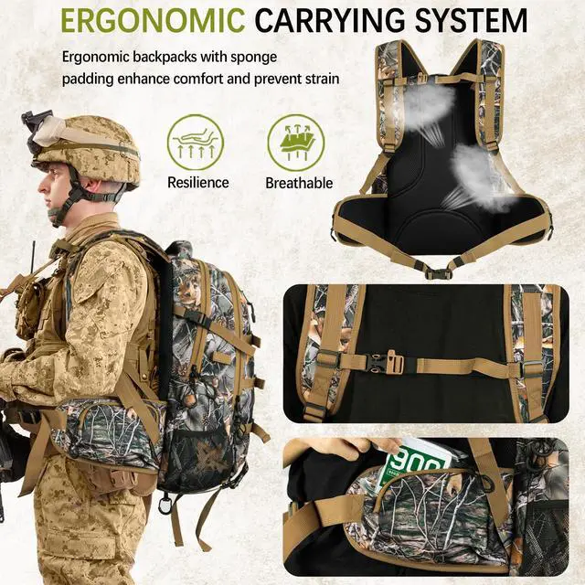Alt view image 4 of 5 - Hunting Backpack,30L Camo Daypack for Deer Bowhunting | Waterproof,600D Fabric,Hunting Gear,Rain Cover,Large CapacityHunting Day Pack