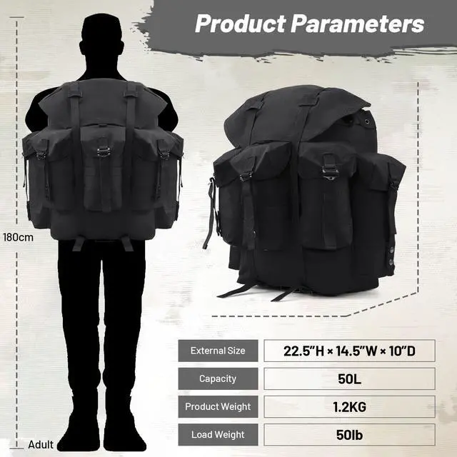 Alt view image 3 of 7 - 50L Military Alice Pack Army Survival Combat ALICE Rucksack Backpack for Men & Women for Camping, Hiking, Emergency Black