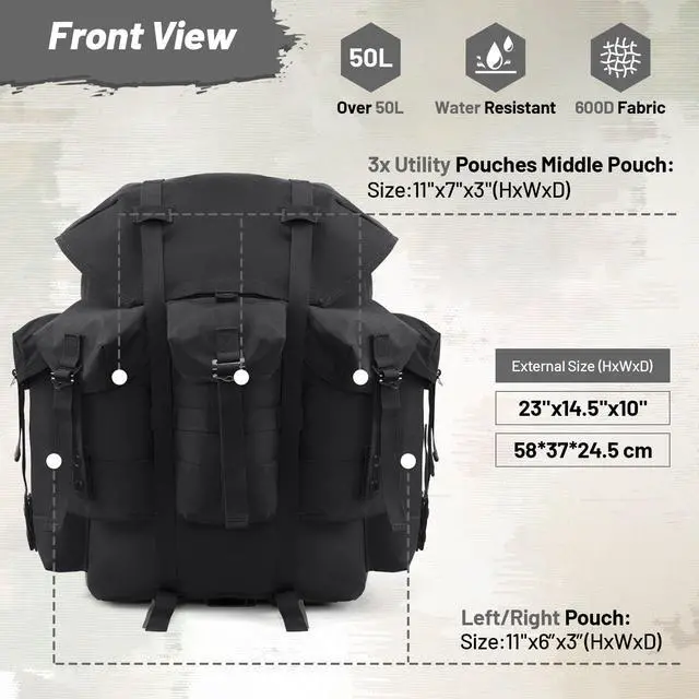 Alt view image 5 of 7 - 50L Military Alice Pack Army Survival Combat ALICE Rucksack Backpack for Men & Women for Camping, Hiking, Emergency Black