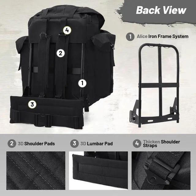 Alt view image 6 of 7 - 50L Military Alice Pack Army Survival Combat ALICE Rucksack Backpack for Men & Women for Camping, Hiking, Emergency Black