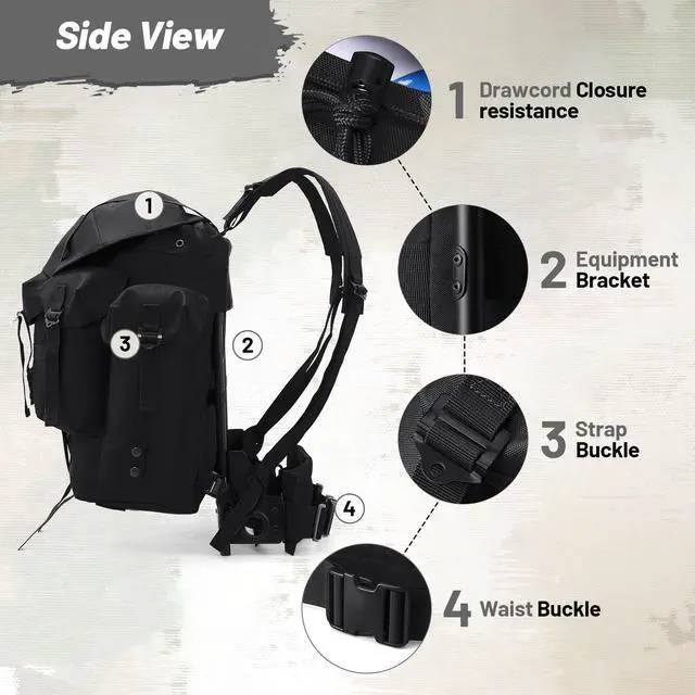Alt view image 7 of 7 - 50L Military Alice Pack Army Survival Combat ALICE Rucksack Backpack for Men & Women for Camping, Hiking, Emergency Black