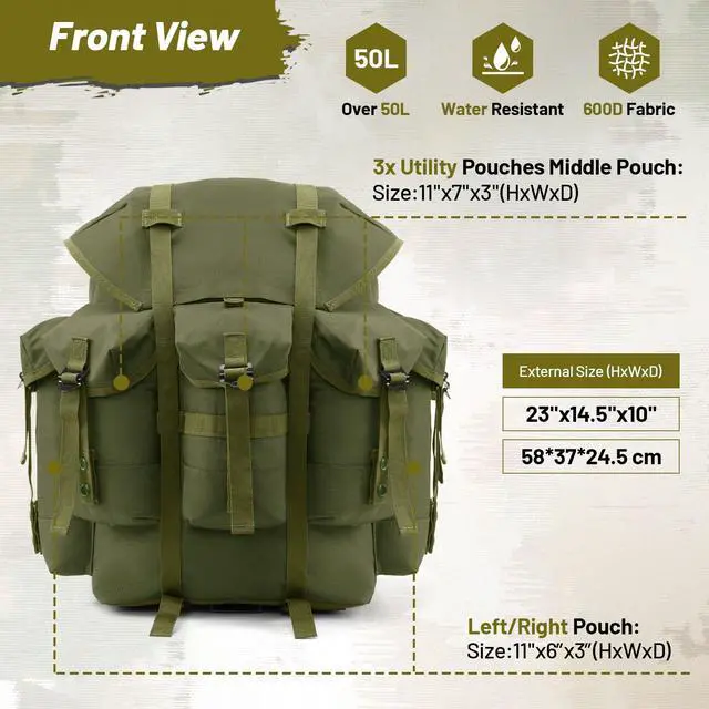 Alt view image 5 of 7 - 50L Military Alice Pack Army Survival Combat ALICE Rucksack Backpack for Men & Women for Camping, Hiking, Emergency Army Green