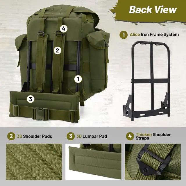 Alt view image 6 of 7 - 50L Military Alice Pack Army Survival Combat ALICE Rucksack Backpack for Men & Women for Camping, Hiking, Emergency Army Green