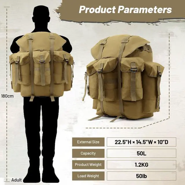 Alt view image 3 of 7 - 50L Military Alice Pack Army Survival Combat ALICE Rucksack Backpack for Men & Women for Camping, Hiking, Emergency Khaki