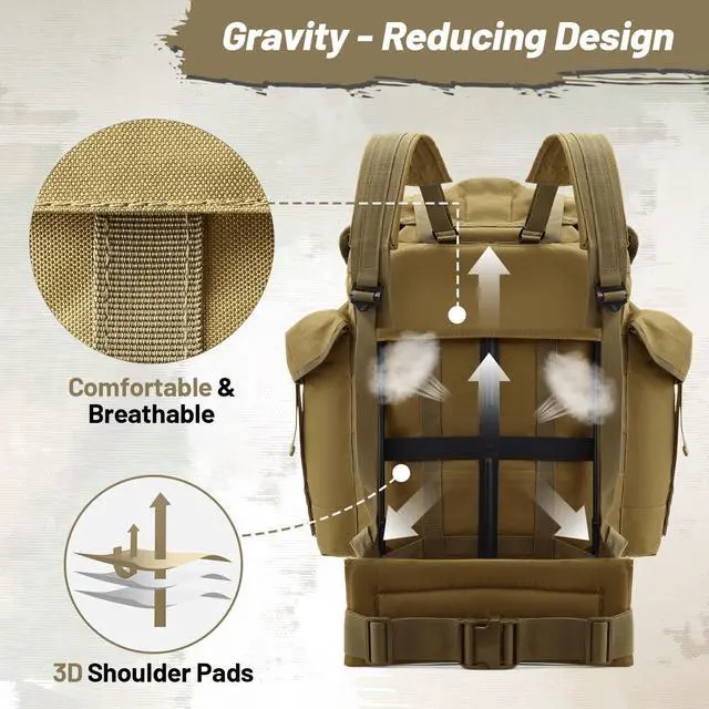 Alt view image 4 of 7 - 50L Military Alice Pack Army Survival Combat ALICE Rucksack Backpack for Men & Women for Camping, Hiking, Emergency Khaki