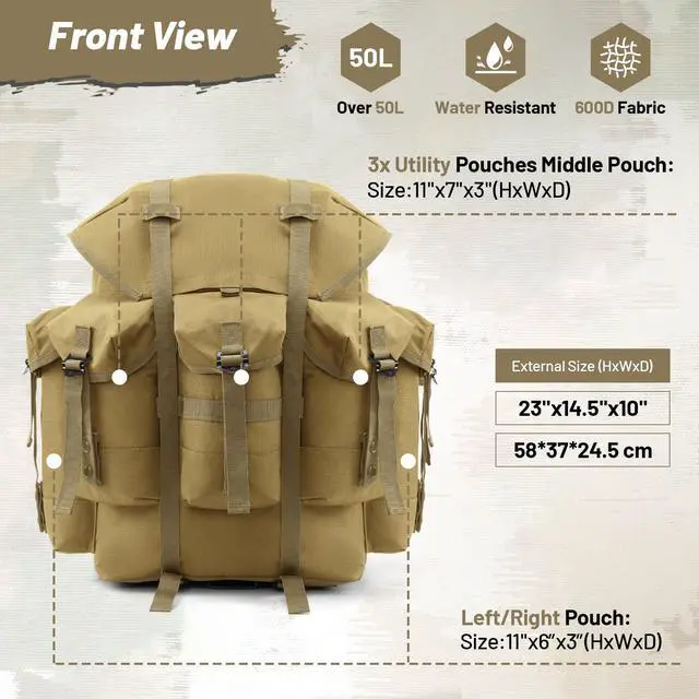 Alt view image 5 of 7 - 50L Military Alice Pack Army Survival Combat ALICE Rucksack Backpack for Men & Women for Camping, Hiking, Emergency Khaki