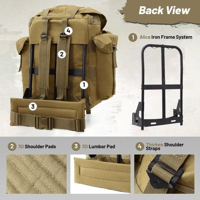 Alt view image 6 of 7 - 50L Military Alice Pack Army Survival Combat ALICE Rucksack Backpack for Men & Women for Camping, Hiking, Emergency Khaki