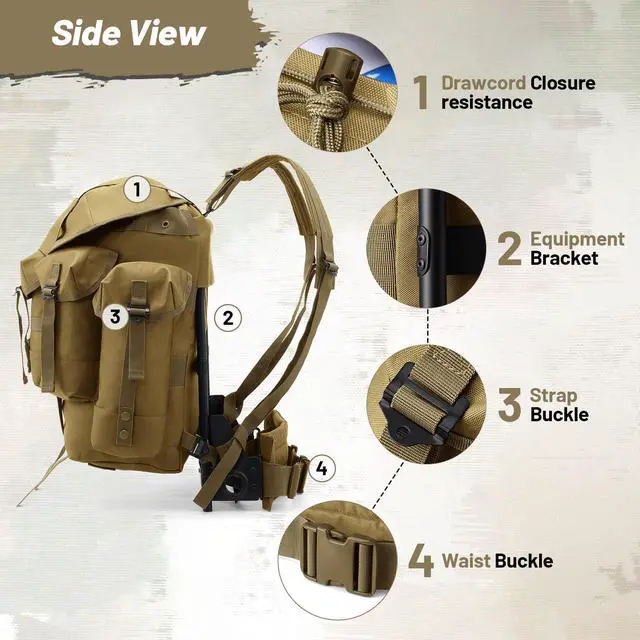 Alt view image 7 of 7 - 50L Military Alice Pack Army Survival Combat ALICE Rucksack Backpack for Men & Women for Camping, Hiking, Emergency Khaki