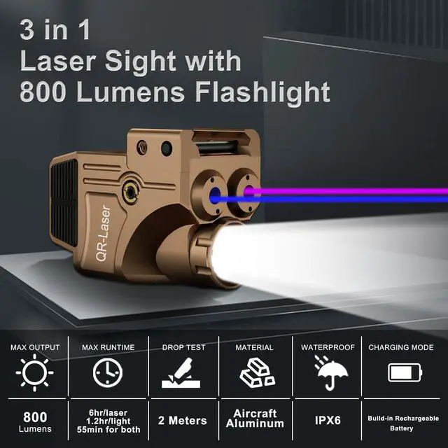 Alt view image 2 of 7 - 3 in 1 Purple Blue Laser Light Combo, 800 Lumens Tactical Flashlight Laser Sight, Built-in USB Rechargeable Battery, Adjustable Compact Tactical LED Light Laser Beams for Handguns with a Rail