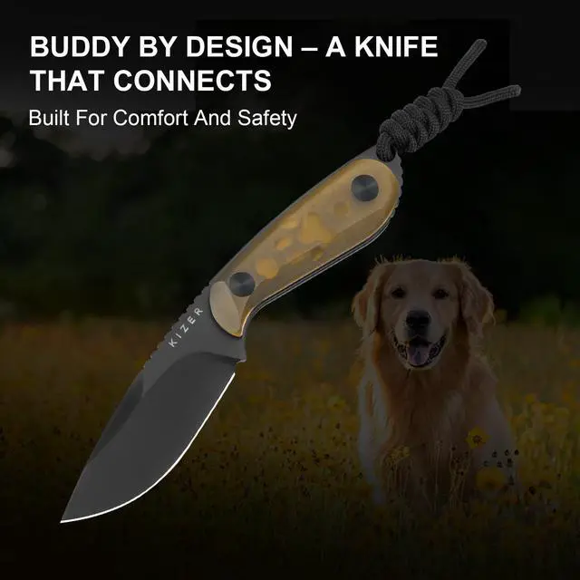 Alt view image 4 of 7 - Buddy Fixed Blade Knife, 3" Nitro-V Steel Camping Knife with Yellow PEI Handle, Compact EDC Fixed Blade Knives with Sheath for Hiking & Camping 1081A1
