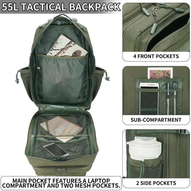 Alt view image 2 of 7 - 55L Tactical Backpack Heavy Duty Military Rucksack Molle Backpack 3 Day Assault Pack for Work Outdoors