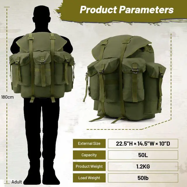 Alt view image 3 of 7 - 50L Military Alice Pack Army Survival Combat ALICE Rucksack Backpack for Men & Women for Camping, Hiking, Emergency Army Green