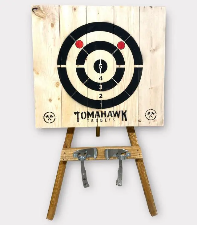 Main image of Tomahawk Targets - Large 4 Ring Wooden Axe and Knife Throwing Tripod Target Board and Stand, 4ft Tall (Axes not Included)