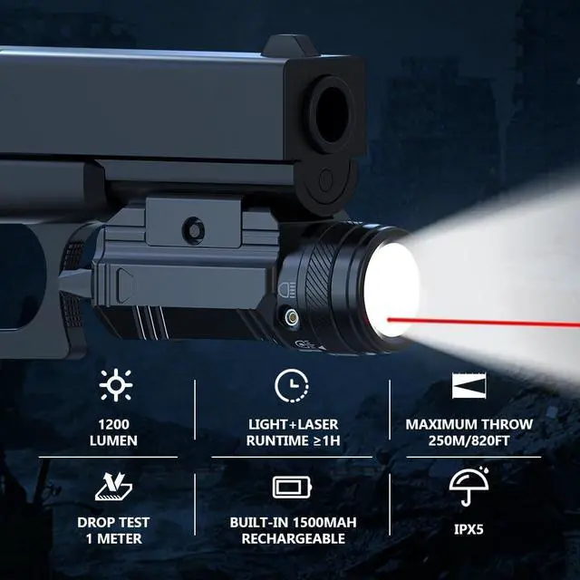 Alt view image 2 of 7 - 1200 Lumen Pistol Light Laser Combo Red Beam Tactical Flashlight, Pistol Flashlight Adjustable Slide Locating Keys for Picatinny