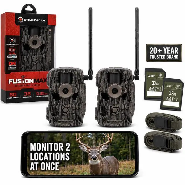 Main image of Fusion MAX Cellular Trail Camera 2-Pack with 2 Lexar 32GB SD Cards | Dual SIM AT&T + Verizon | 36MP Photo, 720P HD Video, 0.35 Sec Trigger Speed