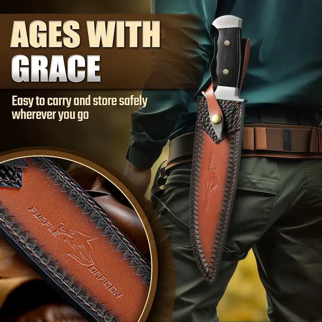 Alt view image 5 of 7 - Bowie Knife with Sheath, 10.63" Fixed Blade Knife with Wood Handle, Heavy Duty Survival Hunting Knives for Camping, Gift for Men Outdoors