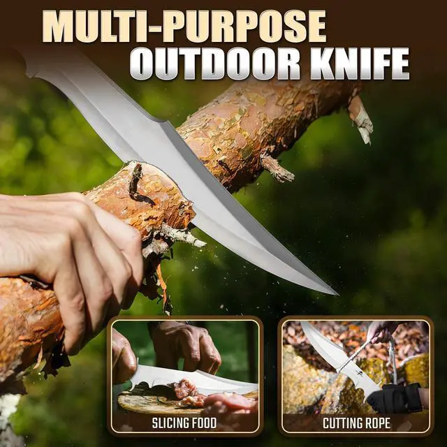 Alt view image 4 of 7 - Bowie Knife with Sheath, 10.63" Fixed Blade Knife with Wood Handle, Heavy Duty Survival Hunting Knives for Camping, Gift for Men Outdoors