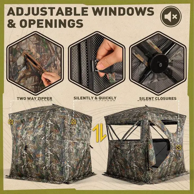 Alt view image 4 of 6 - Hunting Blind 270° See Through, Low-Noise 2-3 Person Pop Up Deer Blind, Portable Durable Ground Blind for Deer & Turkey Hunting