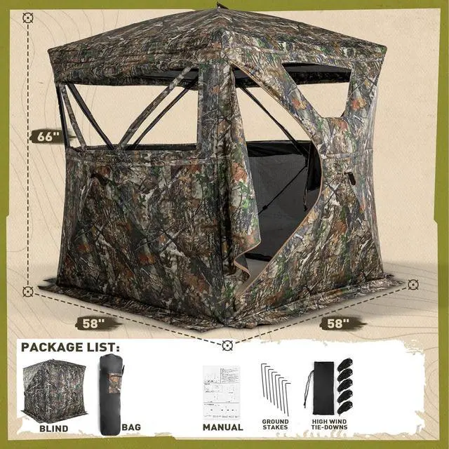 Alt view image 5 of 6 - Hunting Blind 270° See Through, Low-Noise 2-3 Person Pop Up Deer Blind, Portable Durable Ground Blind for Deer & Turkey Hunting