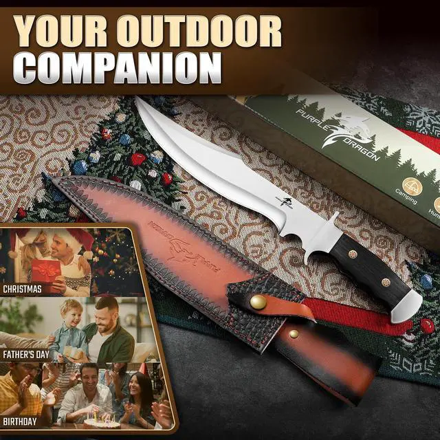 Alt view image 7 of 7 - Bowie Knife with Sheath, 10.63" Fixed Blade Knife with Wood Handle, Heavy Duty Survival Hunting Knives for Camping, Gift for Men Outdoors