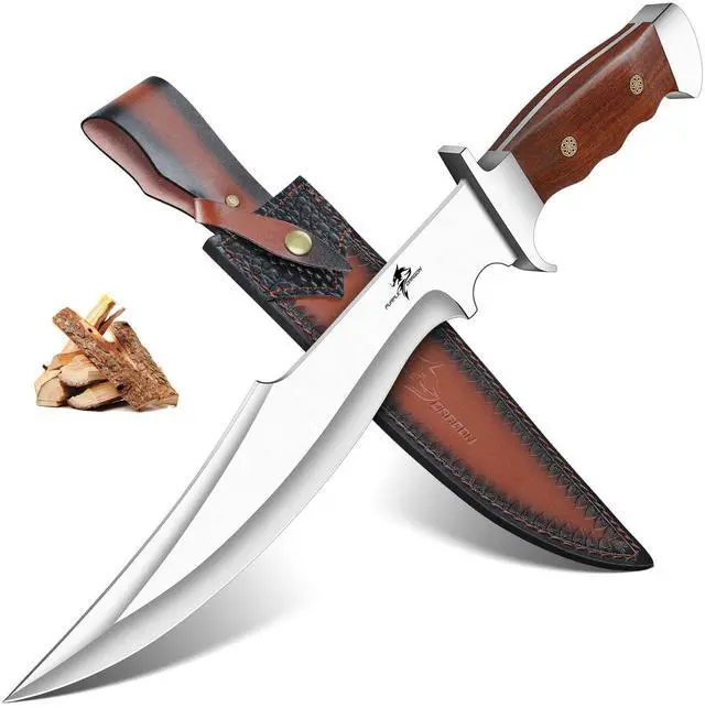 Main image of Fixed Blade Knife with Sheath, 10.63" Survival Bowie Knife with Wood Handle, Heavy Duty D2 Steel Hunting Knives for Camping, Gift for Men Outdoors