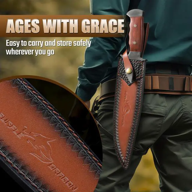 Alt view image 5 of 7 - Fixed Blade Knife with Sheath, 10.63" Survival Bowie Knife with Wood Handle, Heavy Duty D2 Steel Hunting Knives for Camping, Gift for Men Outdoors