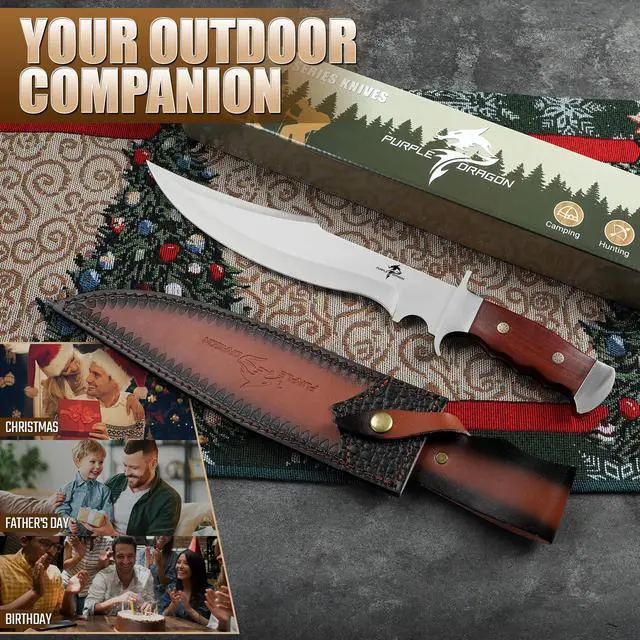 Alt view image 6 of 7 - Fixed Blade Knife with Sheath, 10.63" Survival Bowie Knife with Wood Handle, Heavy Duty D2 Steel Hunting Knives for Camping, Gift for Men Outdoors