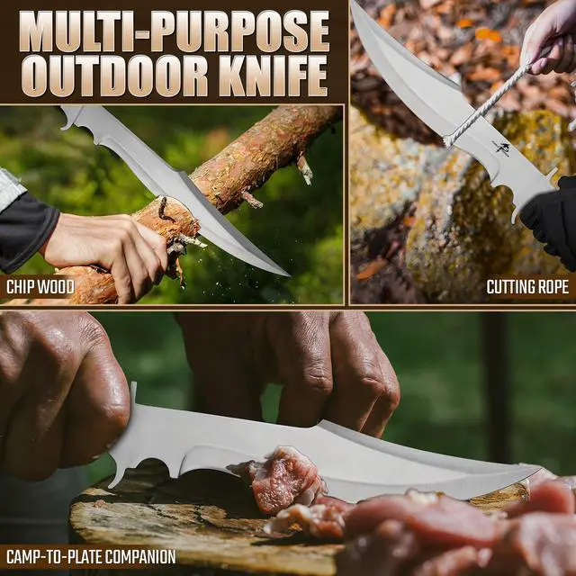 Alt view image 4 of 7 - Fixed Blade Knife with Sheath, 10.63" Survival Bowie Knife with Wood Handle, Heavy Duty D2 Steel Hunting Knives for Camping, Gift for Men Outdoors