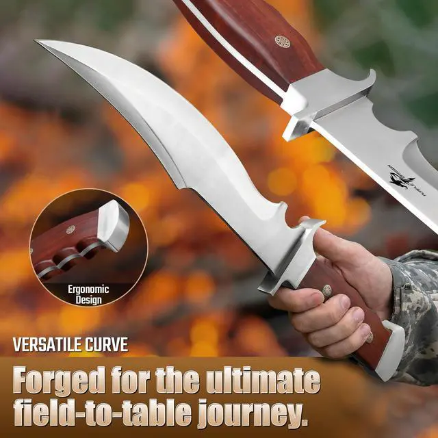 Alt view image 3 of 7 - Fixed Blade Knife with Sheath, 10.63" Survival Bowie Knife with Wood Handle, Heavy Duty D2 Steel Hunting Knives for Camping, Gift for Men Outdoors