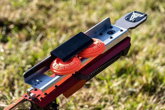Alt view image 5 of 5 - Outdoors Clay Thrower XT210 Collapsible Sporting Clay Target Thrower - Pigeon Thrower - Skeet and Trap Thrower, Red and Gray, Carry Bag Included