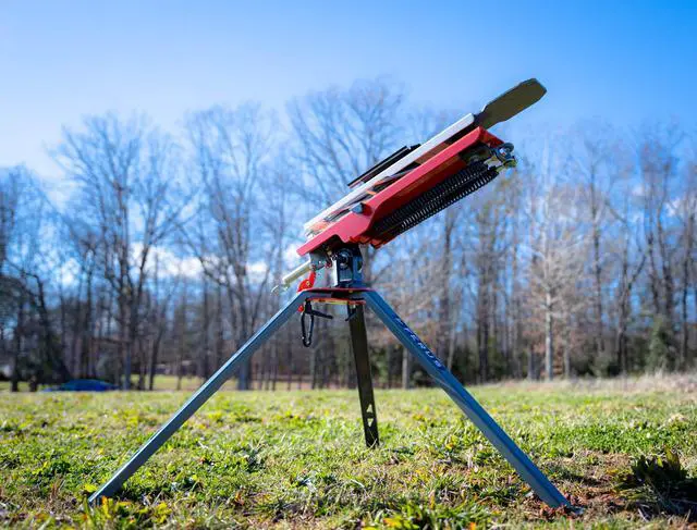 Alt view image 3 of 5 - Outdoors Clay Thrower XT210 Collapsible Sporting Clay Target Thrower - Pigeon Thrower - Skeet and Trap Thrower, Red and Gray, Carry Bag Included