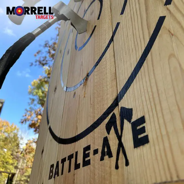 Alt view image 2 of 2 - Targets Battle Axe Single Wood Throwing Target Board with Metal Chain for Outdoor and Camping Axes, Hatchets, 28 x 2.5 x 36.25 Inches, Black