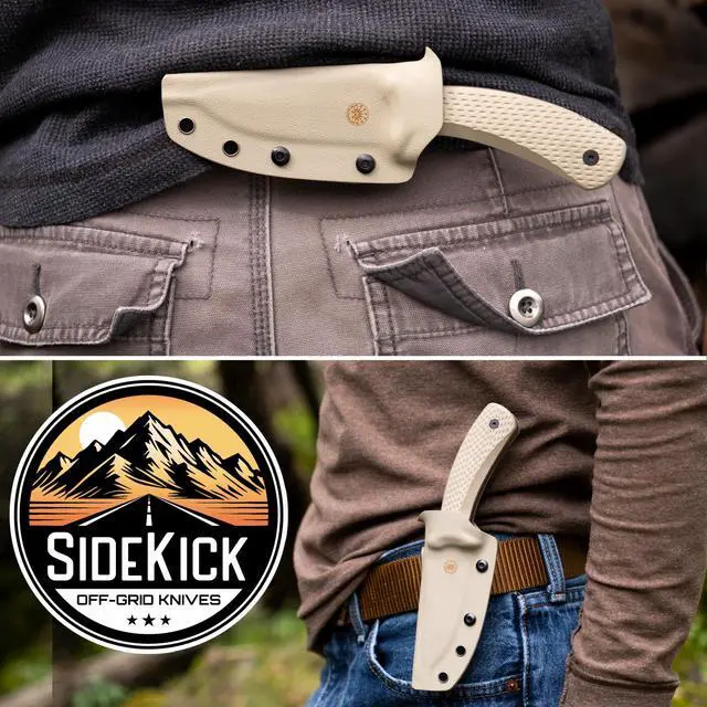 Alt view image 5 of 7 - SIDEKICK - Compact EDC Fixed Blade Knife, Scout and Vertical Carry, Sandvik 14C28N Steel, G10 Handle, Kydex Sheath, 360° Rotating Belt Clip, Camping, Fishing, Hunting, Boating (Coyote)