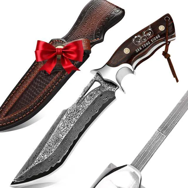 Main image of 67-Layer Damascus Hunting Knife, 10.4" VG10 Bowie Leather Sheath | Full-tang authentic rosewood grip and protective cowhide cover for outdoor survival camping tasks
