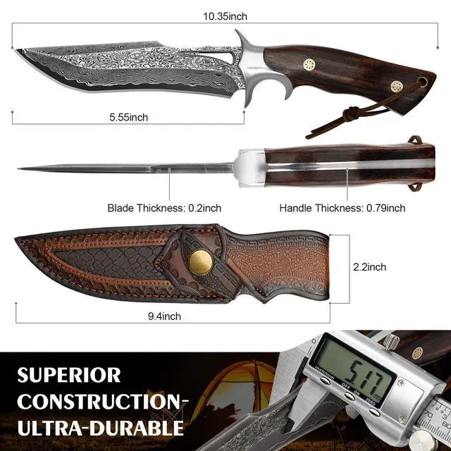 Alt view image 4 of 7 - 67-Layer Damascus Hunting Knife, 10.4" VG10 Bowie Leather Sheath | Full-tang authentic rosewood grip and protective cowhide cover for outdoor survival camping tasks