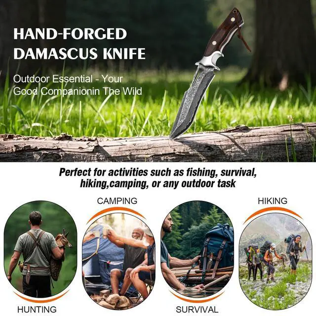 Alt view image 5 of 7 - 67-Layer Damascus Hunting Knife, 10.4" VG10 Bowie Leather Sheath | Full-tang authentic rosewood grip and protective cowhide cover for outdoor survival camping tasks