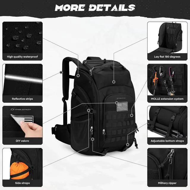 Alt view image 2 of 7 - Tactical Backpack for Men, Water Resistant 40L Military Bag | Molle System, 900d Polyester, Laptop Pocket, Load Compression, Tripod Straps, For Hunting, Travel, Hiking,Gym, Camping