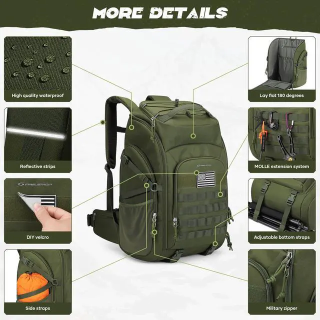 Alt view image 2 of 7 - Tactical Backpack for Men, Water Resistant 40L Military Bag | Molle System, 900d Polyester, Laptop Pocket, Load Compression, Tripod Straps, For Hunting, Travel, Hiking,Gym, Camping