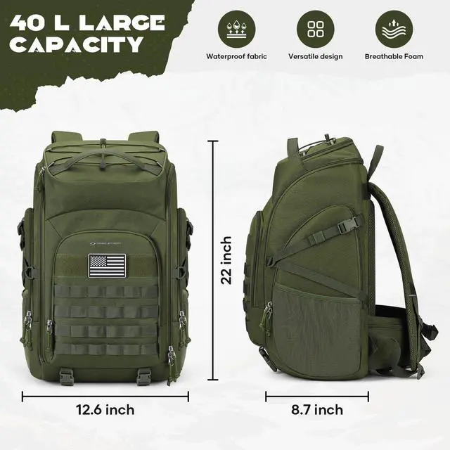 Alt view image 5 of 7 - Tactical Backpack for Men, Water Resistant 40L Military Bag | Molle System, 900d Polyester, Laptop Pocket, Load Compression, Tripod Straps, For Hunting, Travel, Hiking,Gym, Camping