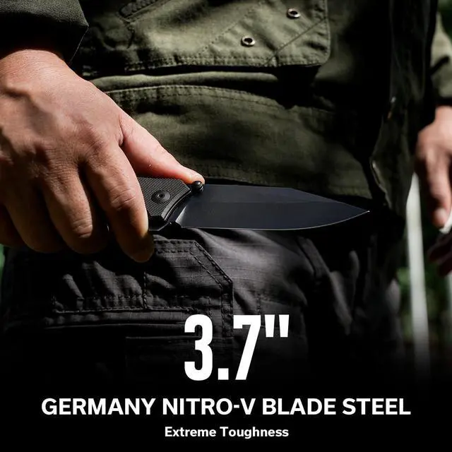 Alt view image 2 of 6 - Tacticorix Pocket Knife for Men Women, EDC Flipper Folding Knife with 3.7" Nitro-V Blade G10 Handle for Camping Hunting C23055-1 (Black)