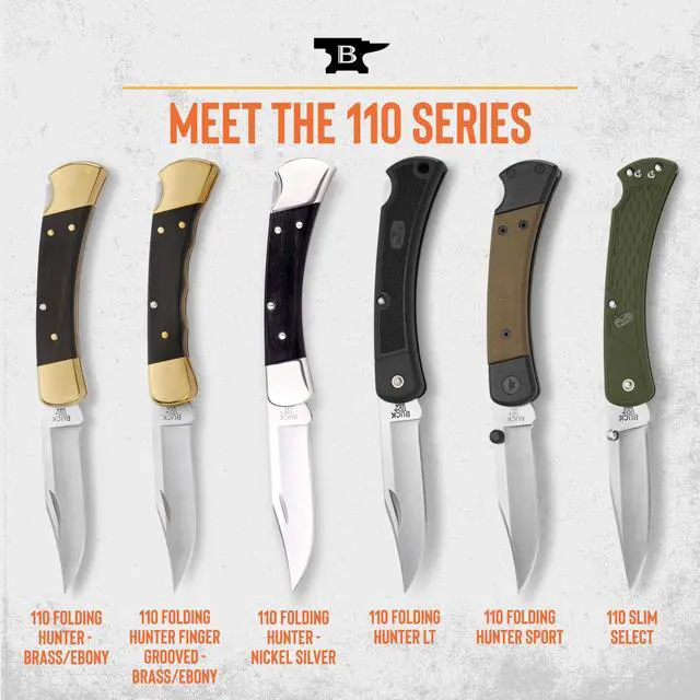Alt view image 7 of 7 - 110 Folding Hunter Knife, 3-3/4" Blade, Lockback Design, Ebony Handle, Brass Bolsters, 420HC Stainless Steel Clip Point Blade, Sheath Included, Hunting Knife Made in the USA, 7.2 oz