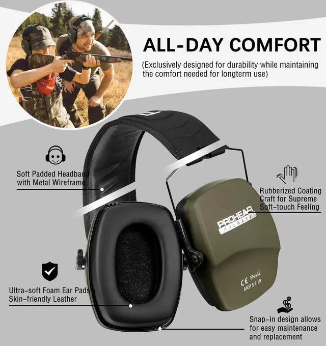 Alt view image 3 of 6 - 016 Shooting Ear Protection Earmuffs 2 Pack, NRR 26dB for Gun Range, Hunting -Black and Green