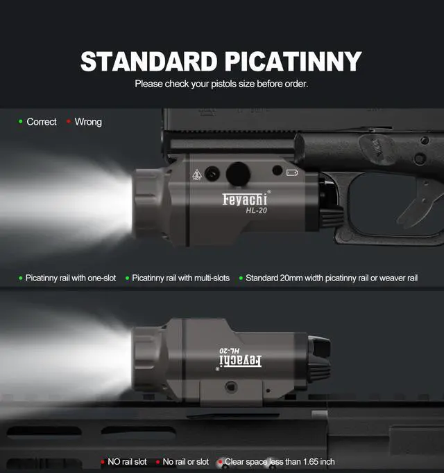 Alt view image 5 of 7 - Pistol Flashlight Weapon Light 1500 Lumen Tactical Handgun Light | 1500 Lumen Upgrade Rail Locating Keys for Picatinny Compact Rail Mounted Gunmetal