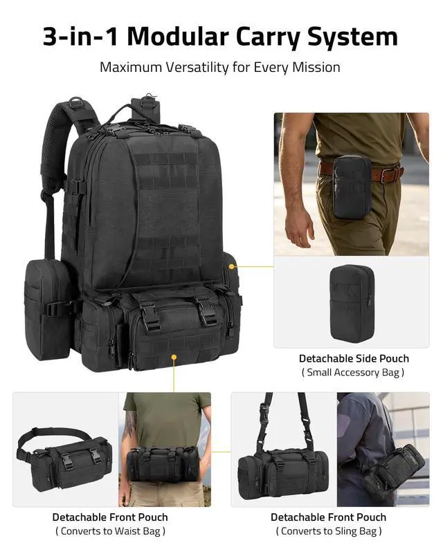 Alt view image 2 of 7 - Tactical Backpack Military Army Rucksack 60L Large Assault Pack Detachable Molle Bag