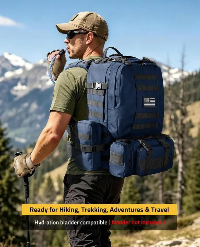 Alt view image 6 of 7 - Tactical Backpack Military Army Rucksack 60L Large Assault Pack Detachable Molle Bag, Blue