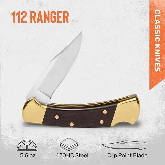 Alt view image 2 of 7 - 112 Ranger Hunting Knife, 3" Blade, Lockback Design, Ebony Handle, Brass Bolsters, 420HC Stainless Steel Clip Point Blade, Sheath Included, Folding Knife Made in the USA, 5.6 oz