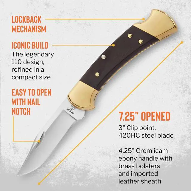 Alt view image 4 of 7 - 112 Ranger Hunting Knife, 3" Blade, Lockback Design, Ebony Handle, Brass Bolsters, 420HC Stainless Steel Clip Point Blade, Sheath Included, Folding Knife Made in the USA, 5.6 oz