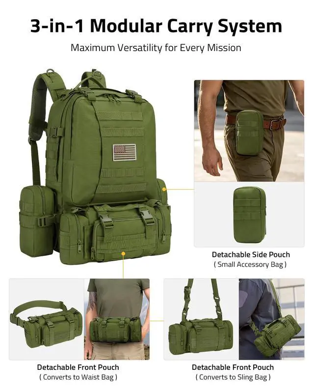 Alt view image 2 of 7 - Tactical Backpack Military Army Rucksack 60L Large Assault Pack Detachable Molle Bag, Army Green