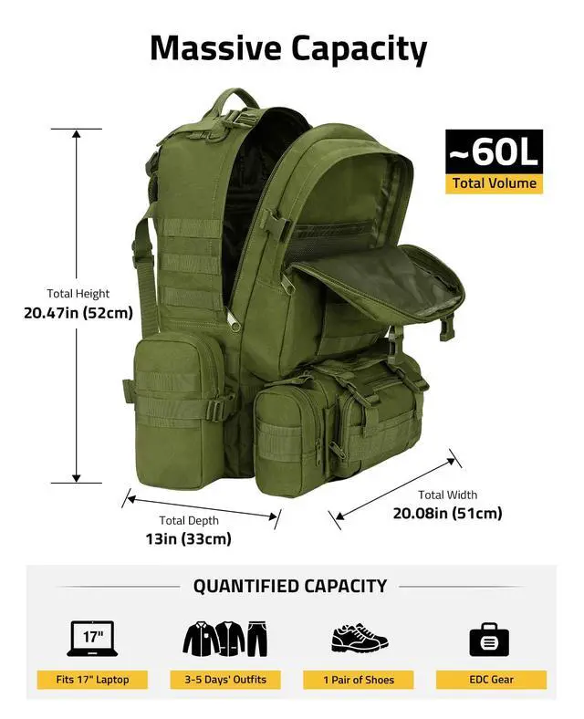 Alt view image 3 of 7 - Tactical Backpack Military Army Rucksack 60L Large Assault Pack Detachable Molle Bag, Army Green